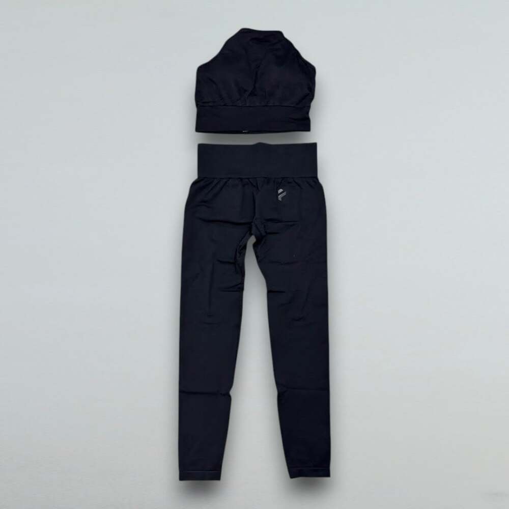 Black 2 Piece Athleisure Set Strappy Open Back Crop Top High Waist Leggings